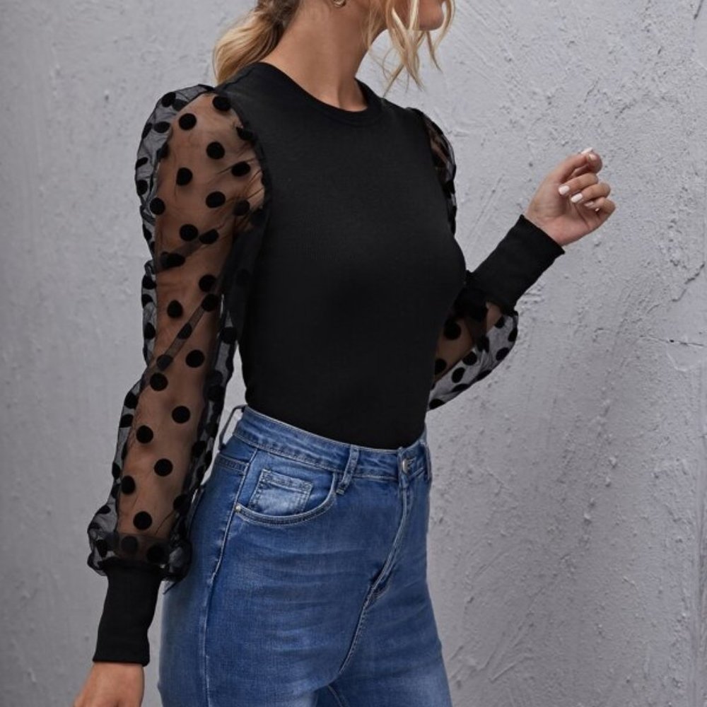 CHIC DOLLZ Polka Dot Mesh Sleeve Top - Picture 3 of 9